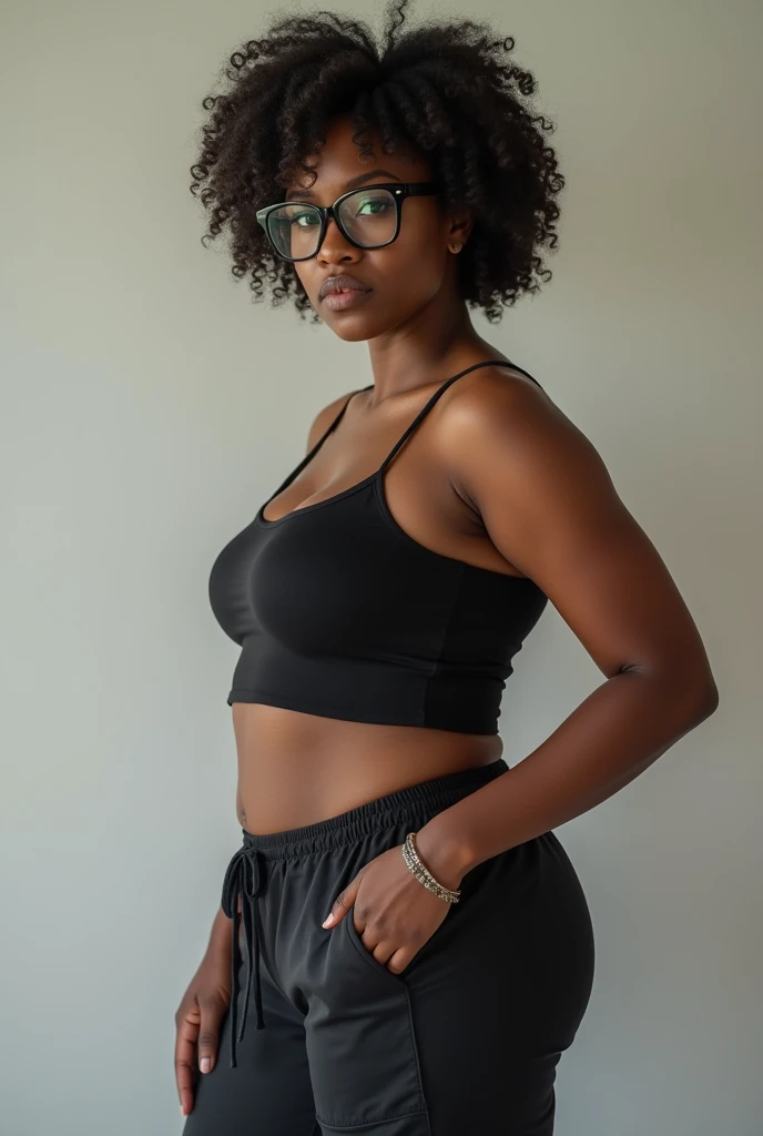 (photorealism:1.2), black beautiful woman, curvaceous,wearing sweat pants, short curly hair,oversized black glasses, standing , realistic, intricate detail,
