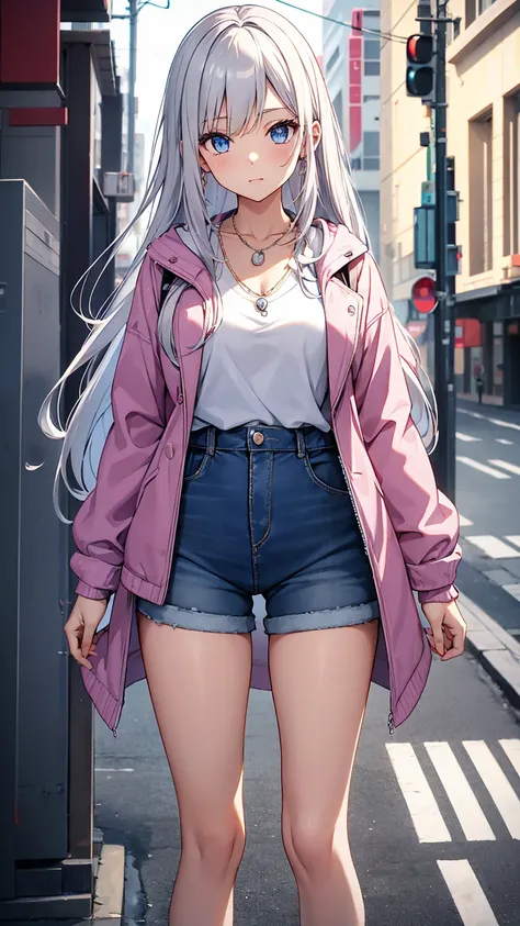 Mio_Yowane(Original Character), 1girl, Long hair, Blue eyes, white hair, Pink shirt, grey jacket, purple denim shorts, necklace with a red pearl