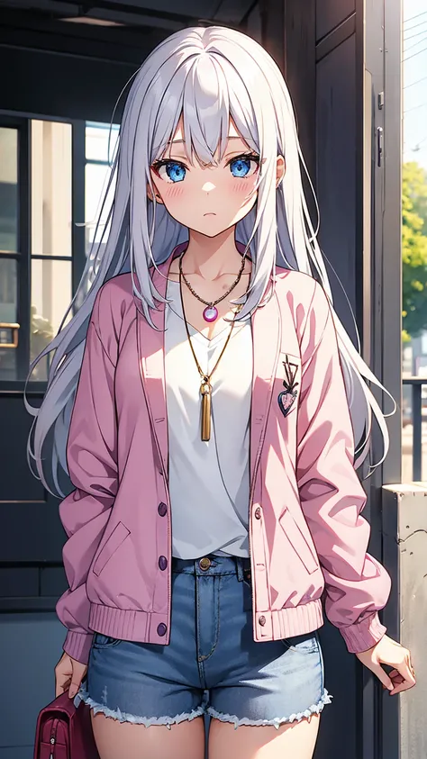 Mio_Yowane(Original Character), 1girl, Long hair, Blue eyes, white hair, Pink shirt, grey jacket, purple denim shorts, necklace with a red pearl