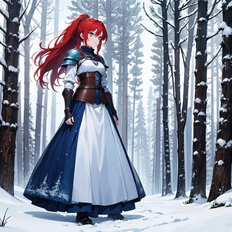 a beautiful young redhead medieval girl warrior in blue armor, light armor, red hair, hair tied in a ponytail, green eyes, slender body, beautiful woman, snowy background, snowy forest in the background, full body , long skirt , 