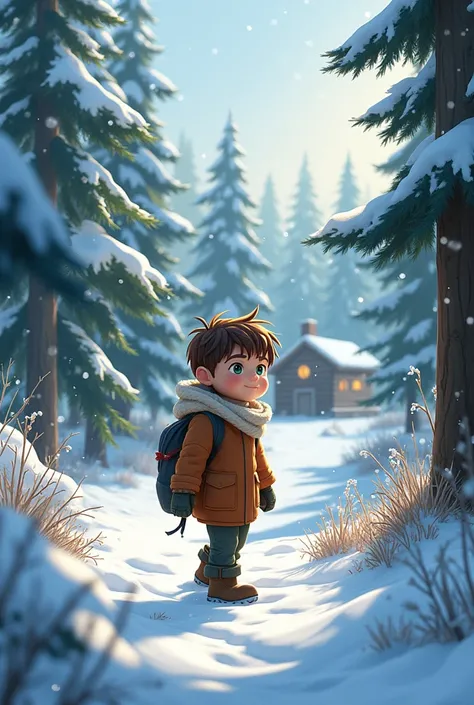 A 10 year old boy. Brown haired, green eyes. Is in a snowy forest with a wood cabin.