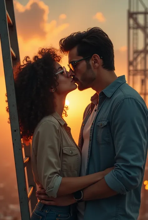 A young girl with glasses and curly hair flirts with and kisses an older gentleman with glasses and black hair who is taller than her on the lips., on a ladder