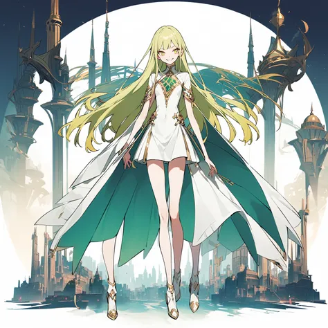 holy city background, whole body, slender, thin legs, greenish-yellow hair，yellow-green pupils，white clothes with green and yell...