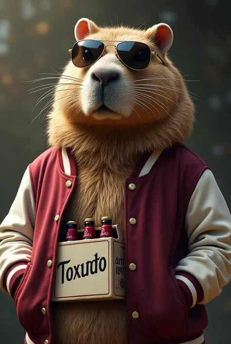 capybara wearing sunglasses, a six-pack and a maroon varsity jacket