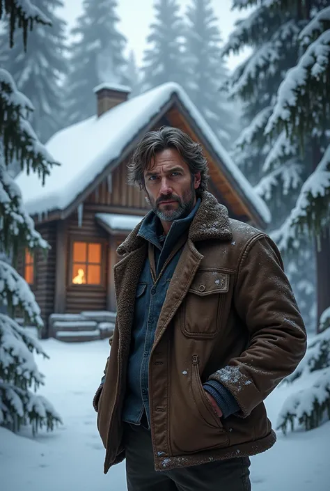 A 40 year old man. Brown haired, blue eyes. Is in a snowy forest with a wood cabin.