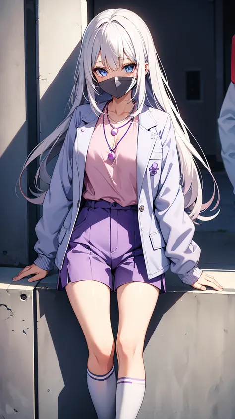 Mio_Yowane(Original Character), 1girl, Long hair, Blue eyes, white hair, Pink shirt, grey jacket, purple shorts, White stockings above the knee , necklace with a red pearl