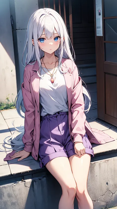 Mio_Yowane(Original Character), 1girl, Long hair, Blue eyes, white hair, Pink shirt, grey jacket, purple shorts, White stockings above the knee , necklace with a red pearl