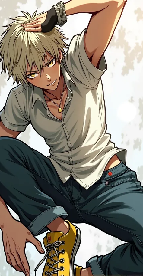 anime boy with white blonde hair and Freckles yellow eyes,, best anime 4k konachan wallpaper, , trigger anime artstyle, badass anime 8 k, tall anime guy with yellow eyes, 4k anime wallpaper, anime wallpaper 4k, anime wallpaper 4 k,Yellow tennis shoes, blue...