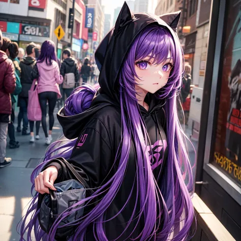 A  wearing a black hoodie has long, purple hair and her eyes are purple and red