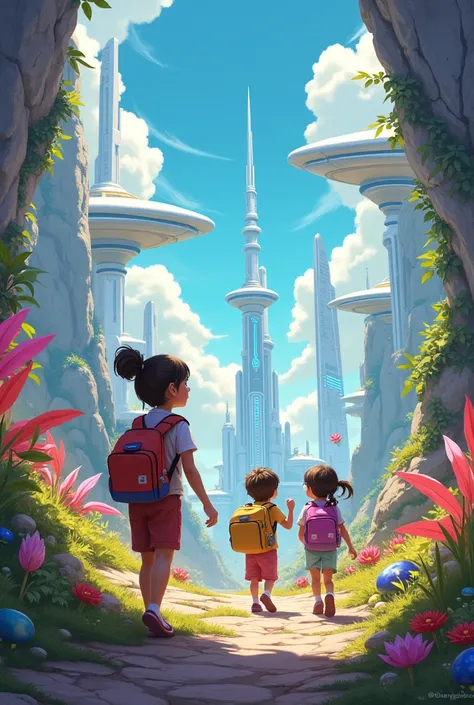 Drawing depicting children in a futuristic fantasy world