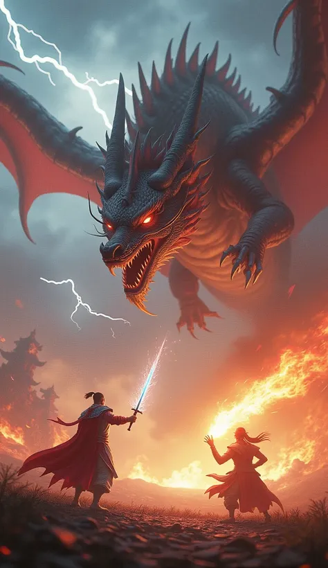 The dragon is surrounded by lightning, the warrior in front of it holds an energy sword and fights with another giant flame. This is a Chinese fantasy-style game illustration concept art depicting a dragon flying over a battlefield from a full-body perspec...