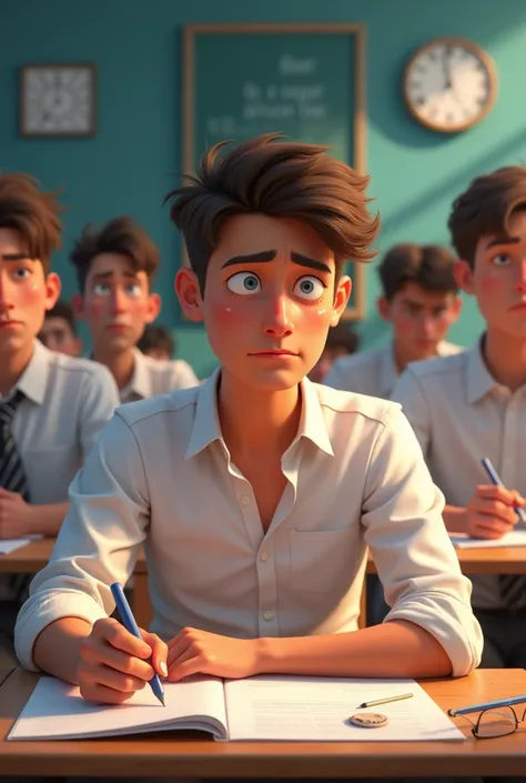 A Pixar-esque image of a young man in a white shirt taking a test, sweating, thinking about how to write his essay with other candidates behind him even more nervous