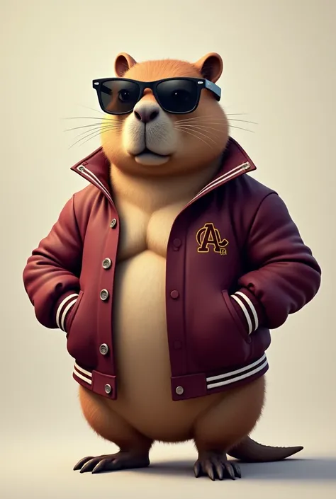 capybara with sunglasses, strong abs and wine-colored college jacket