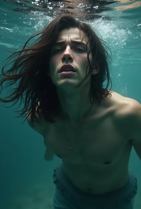 Handsome Male Teenager Underwater, long dark brown hair, drowning, by Alena Aenami, best qualityer, work of art, very aesthetic, perfect composition, details Intricate, Ultra-detailed INFO (highest quallity、tabletop、8k、best quality image、Hyper-Realism)

