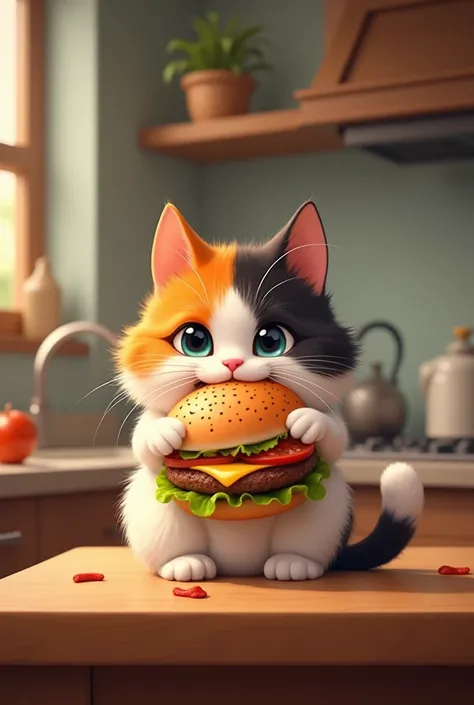 A cute calico cat eating burger 🤭