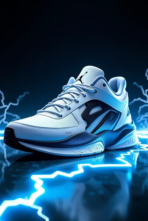 Create a white, blue, and black sneaker like the Air Jordan with VortexRun lightning bolts coming out 