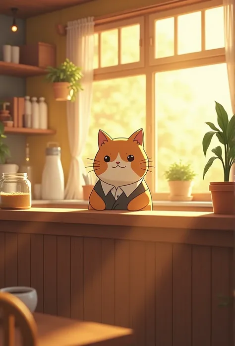 Cozy coffee shop interior, Moderate: Ultra-realistic photos, style: Reminiscent of the warm and cozy atmosphere of Studio Ghibli. Cat, manager, Stand proudly behind the counter. Lighting: soft, 窓から差し込む金colorの日差し, Gives a gentle shine to the wood surface. c...