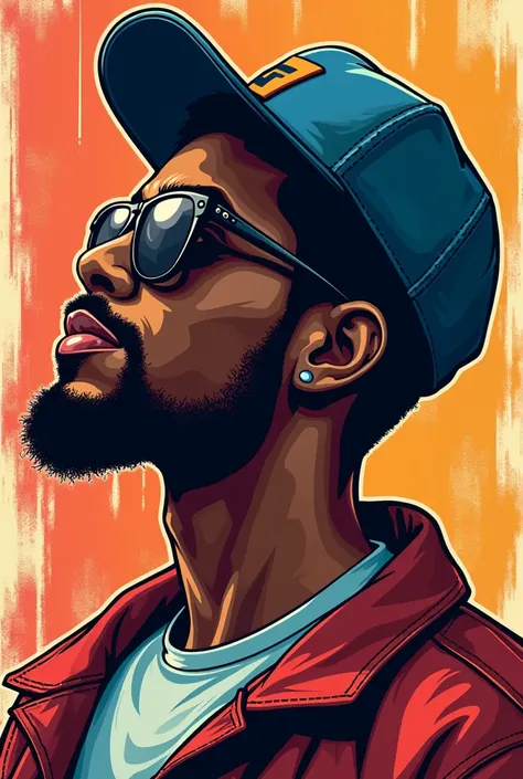 Create a logo with a vector of a Latin black mans face with strong features, slightly chubby, wearing sunglasses, a cap, and in profile, smiling with urban pop characteristics.