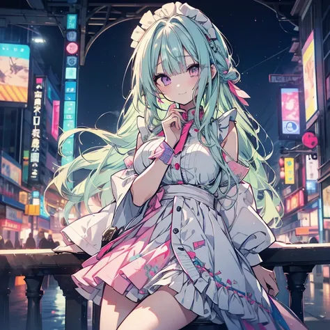 1 person、Mature、Ample breasts、Long Hair、Curly Hair、Mint green hair、Light purple hair、Light blue hair、Mixed color hair、Pink Eyes、Trimmed bangs、Hime cut、Maid clothes、Miniskirt、A seductive smile、Juice in one hand、City of night、Downtown、Night view、sit、High res...