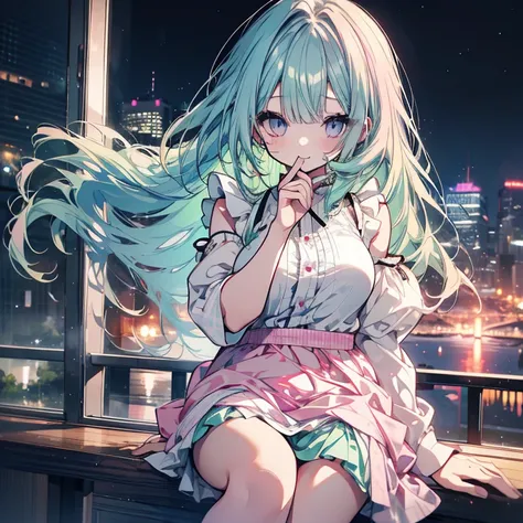 1 person、Mature、Ample breasts、Long Hair、Curly Hair、Mint green hair、Light purple hair、Light blue hair、Mixed color hair、Pink Eyes、Trimmed bangs、Hime cut、Maid clothes、Miniskirt、A seductive smile、Juice in one hand、City of night、Downtown、Night view、sit、High res...