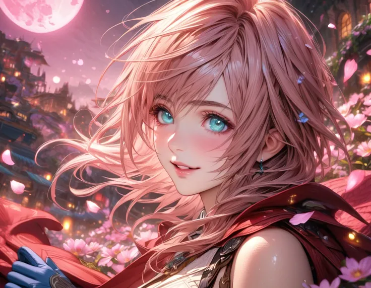 Ultra detailed, highres, absurdres, HDR, master piece, Claire Farron, wavy pink short hair, expressive pale aqua eyes, white dress with brown patterns, red cape, blue gloves, Lightning Farron, Final Fantasy XIII, pink flowers, petals, fireflies, pink moon,...