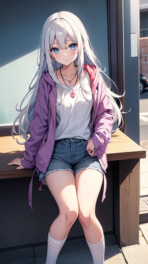 Mio_Yowane(Original Character), 1girl, Long hair, Blue eyes, white hair, Pink T-shirt, Open grey jacket , purple shorts, White stockings above the knee , necklace with a red pearl