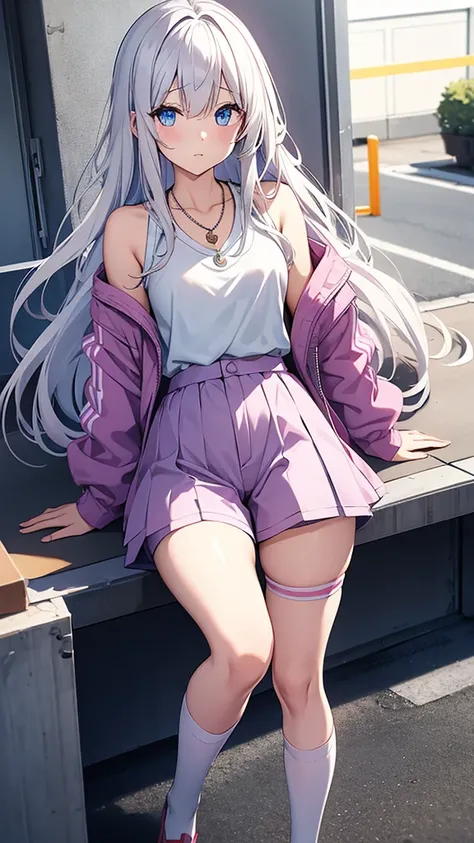 Mio_Yowane(Original Character), 1girl, Long hair, Blue eyes, white hair, Pink T-shirt, Open grey jacket , purple shorts, White stockings above the knee , necklace with a red pearl