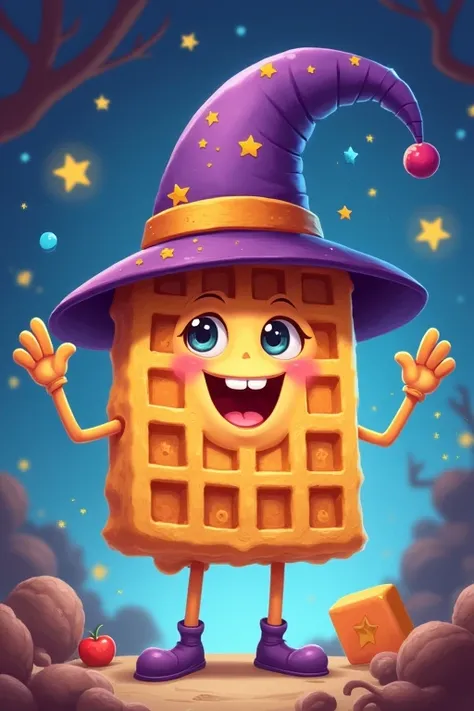 Cartoon of a waffle wearing a witch hat 