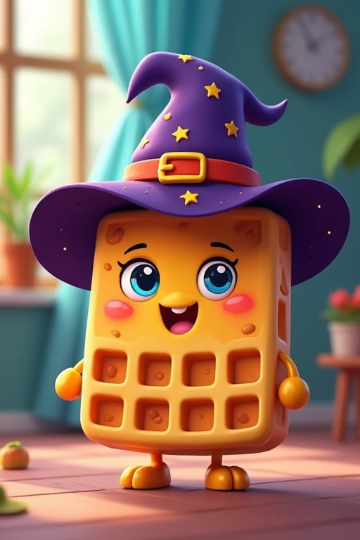 Cartoon of a waffle wearing a witch hat 