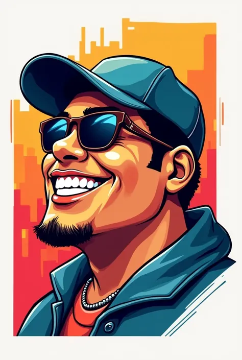 Create a logo with a vector of the face of a chubby, strong-featured, black Latino man wearing sunglasses, a cap, and in profile, smiling with the characteristics of an urban pop boy.