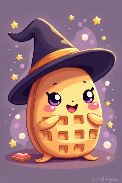 Kawaii drawing of a waffle wearing a witch hat 