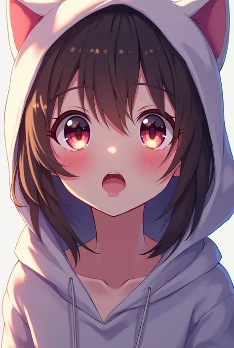 one girl, obedient, anime style, upperbody, hypnotized eyes, cat hoodie, open mouth, stick out tongue, ecstatic