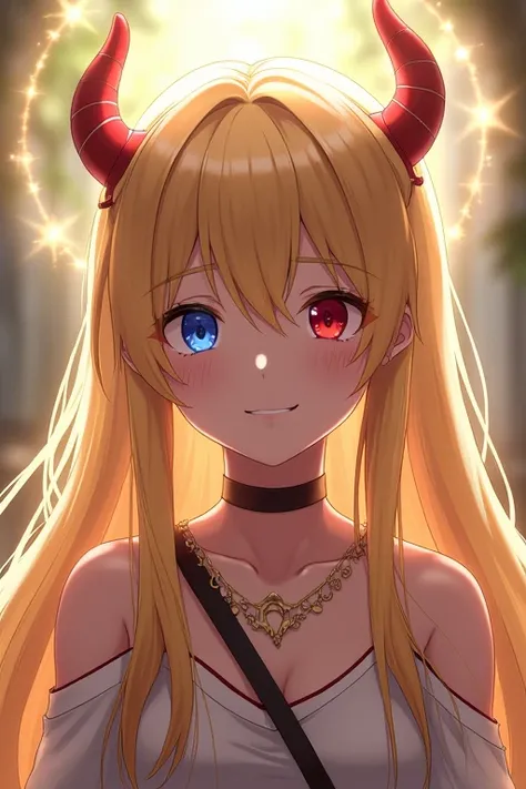 Blonde, One person, Long Hair, smile, blue eyes, Red eyes, accessories, とてもLong Hair, Horns of the beast, tears, Sparkle Effect, Background blur, Angel Halo, Highest quality, 