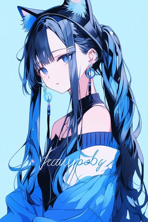 ((masterpiece,Highest quality)), 8k, anime , Realistic ,sketch, anime風のポートレート, 黒猫を連れたanimeの女性, 20-year-old, Blue gradient background, Off-the-shoulder knit, Neon long twin tail hair, lip, Big earrings, Wear headphones, Texture Trim, Canadian, Upper Body, (...