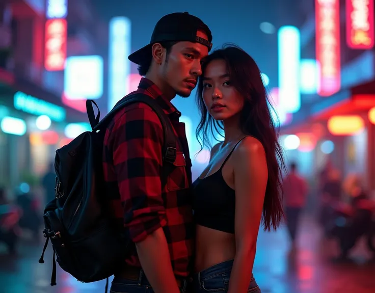 Hyper realistic, a 28 year old Indonesia man walking on the neon cyberpunk street, ideal body, look straight ahead, wearing dark red flannel shirt and dark ripped jeans pants and black hiking hi-shoes with black backward trucker hat, wear dark leather back...