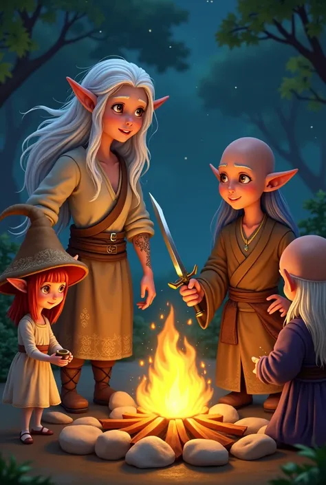  tall elf with white hair and brown eyes, with peasant clothes next to a little elf girl with short red hair and bangs, golden eyes and pointy ears, wearing a mushroom hat, clerical robes with details, alongside them a human wizard with long white hair and...