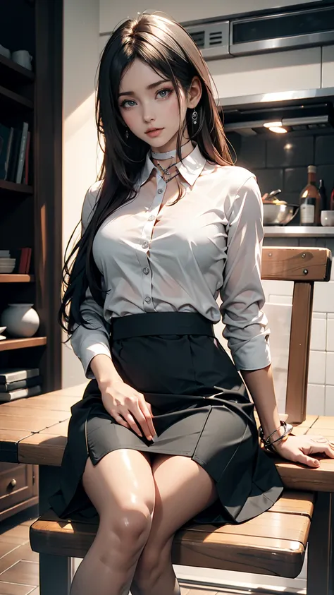 She is sitting on a chair wearing a black dress., Korean female fashion model, Transparent grey skirt, mesh shirt, Chrome Clothing, Shiny silver, It&#39;s lucky that, Big Breasts, Highest quality, masterpiece, Ultra-high resolution, Realistic,choker、Silver...