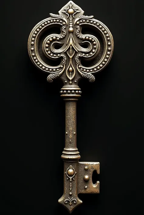 NESESIOTO AN ANIMATED MYSTERY PNG IMAGE OF AN ANTIQUE KEY WITH DESIGNS CARVED IN METAL
