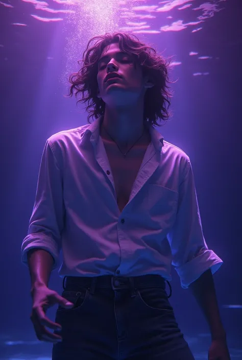 Male teenager with clothes, white  shirt, jeans, with long dark brown hair with details, drowning, Suffocating, full body underwater, purple lights around, by Alena Aenami, best qualityer, work of art, very aesthetic, perfect composition, details Intricate...