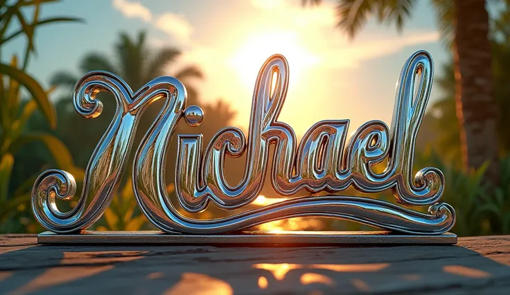 (text:"Michael") The word, in Art Nouveau fancy script text in shiny highly polished silver chrome and coloured glass reflecting a tropical garden, direct front lit by very bright sun, heavy metal art nouveau flowing shapes and flourishes, front face view ...