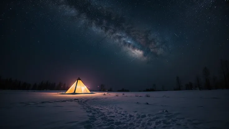 On a cold, winter night in Poland, the dark sky is illuminated by a series of bright, otherworldly lights that suggest the presence of UFOs. The lights form a striking pattern, casting a strange, glowing hue across the snowy landscape below. The wintry sce...