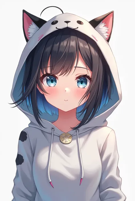 one girl, anime style, upperbody, cat hoodie, cool, light blue eyes