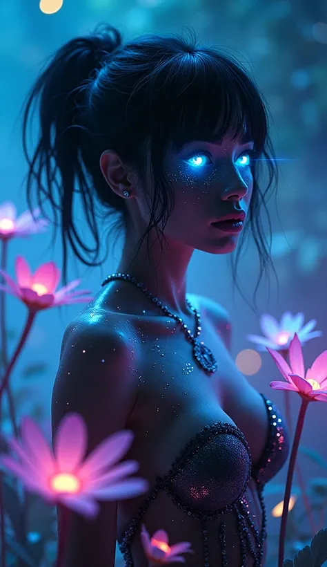 Futuristic, Glowing otherworldly woman, Neon Black Features. Her eyes and hair radiate brilliance, Dark glow, Blend seamlessly with your surroundings. Stage is a magical digital forest, Holographic plants and flowers pulsate with soft light, Ethereal black...