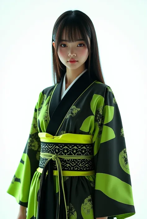 Japanese teenage girl in domination black and highlighter green kimono, chest length hair flowing straight down, ultra hd, 4k, very realistic, body pose straight in front of camera, bright white background, waist angle,