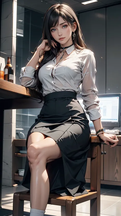 She is sitting on a chair wearing a black dress., Korean female fashion model, Transparent grey skirt, mesh shirt, Chrome Clothing, Shiny silver, It&#39;s lucky that, Big Breasts, Highest quality, masterpiece, Ultra-high resolution, Realistic,choker、Silver...