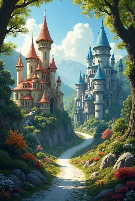 4 castles in the forest with elements that represent the 4 seasons of the year 
