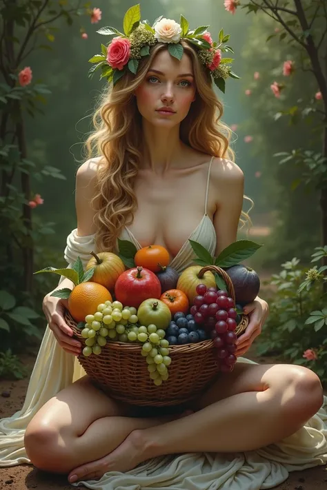 Create an artwork featuring a nude woman embodying the essence of a goddess of abundance and fertility. She is seated gracefully with her knees drawn up, cradling a basket overflowing with various fruits such as grapes, figs, and pomegranates. Her hair is ...