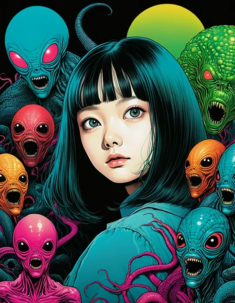 An illustration、art、70s horror movie posters, Supervised by Junji Ito、High detail, Realistic Shadows、Analog Style, chromatic aberration, Surrealism、Complementary Gradient、alien invasion