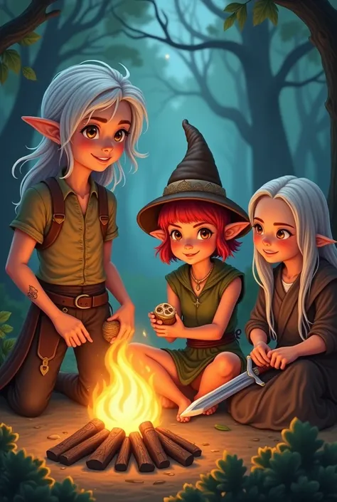 Tall elf boy with white hair and brown eyes, with peasant clothes next to a little elf girl with short red hair and bangs, golden eyes and pointy ears, wearing a mushroom hat, clerical robes with details, alongside them a human wizard with long white hair ...