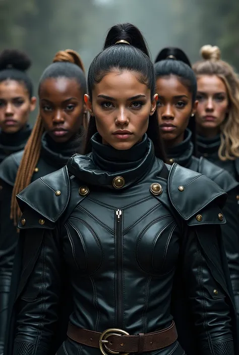 A group of beautiful women of different colors with hair, with black leather armor in the style of a hunter, samurai, and superhero 